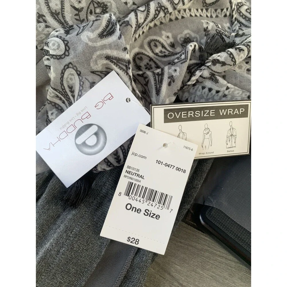 Big Buddha Lightweight Oversized Wrap Shawl With Tassels Monochrome Paisley NWT
